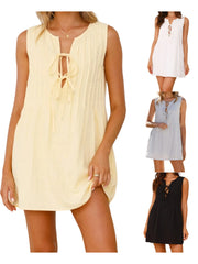 Cyflymder Women s Casual Sleeveless V-Neck Mini Dress with Front Tie Detail and Pleated Skirt for Summer Beach Party