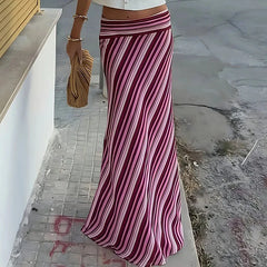 Cyflymder Women Fashion Stripe Print Holiday Skirt Casual Draped Slim Fit Party Skirts Elegant Hight Waist Spring Summer Long Skirts