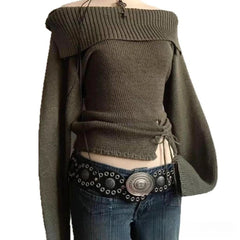 Cyflymder Vintage American Spice Women Off The Hsoulder Knitted Sweater Y2k Sexy Lrregular Split Drawstring Jumper Y2k Punk Pullover