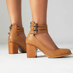 Cyflymder Plus Size Wood Grain Thick Heels Retro Casual High Heels Ankle Three Row Buckles Shallow Breathable Summer Women's Pumps