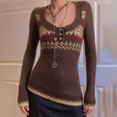 Cyflymder Autumn and Winter New Vintage Color blocked Knitted Round Neck Slim Fit Warm Sweater