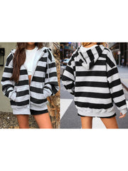 Cyflymder Ladies Casual Lightweight Pullover Hoodie with Kangaroo Pocket and Adjustable Drawstring - Stylish Striped Zip-Up Sweatshirt