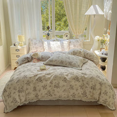 Cyflymder Vintage Flowers Print Lace Ruffles Bedding Set 100% Cotton Thick Brushed Fabric Duvet Cover Bed Sheet/Fitted Sheet Pillowcases