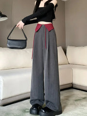 Cyflymder Women Old Money Vintage 2000s Aesthetic Striped Wide Leg Straight Pants Pantalones Long Trousers Korean Baggy Design Office Lady
