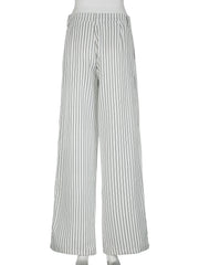 Cyflymder Casual Folds Striped Wide Leg Pants Basic Loose Low-Waisted Straight Pants Women Summer Fashion Streetwear Ladies