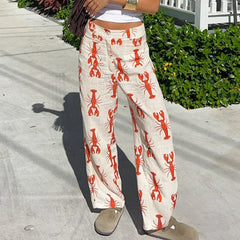 Cyflymder New Personalized Lobster Printing Casual Trousers Women's 2026 Spring and Summer Design Sense Fashion Commuter Straight Pants