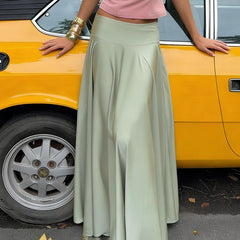 Cyflymder Elegant Solid Basic Umbrella Satin Loose Skirts Women Fashion All Match Elastics Waist Long Skirts Summer Holiday Style