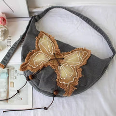 Cyflymder Patchwork Butterfly Vintage Hobo Bag Sweet Cool Girls Y2k Aesthetic Casual Shoulder Bags Women Streetwear Ins Crossbody Handbags