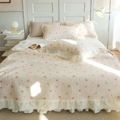 Cyflymder 3Pcs Pure Cotton Floral Single Layer Lace Ruffles Bedspread, Mattress Cover Set, Bed Skirt, Bed Sheet Set, Coverlets, Pillowcase