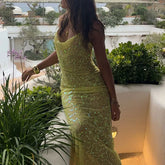 Cyflymder Fashion Halter Sleeveless Hollow Out Robes Lady Simple Hollow Out Party Maxi Dress Sexy Fit Pure Sequins See-through Beach Dress