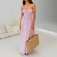 Cyflymder Smocked Long Dress y2k Women Stripes/Floral Print Spaghetti Strap Sleeveless Dress Vacation Party Dresses Streetwear