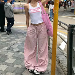 Cyflymder Pink Star Graphic Print Women Sweatpants Drawstring Wide Leg American Retro Baggy Jogging Pants Y2K Harajuku Gyaru