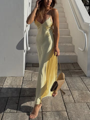 Cyflymder Women's Summer Sexy Sleeveless V-Neck Backless Midi Dress with Rear Zipper Slim Fit Elegant Sling Dress for Beach Party