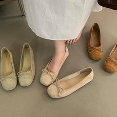 Cyflymder Round Toe Bow-Knot Women Casual Female Sneakers Flat Shoes Autumn Shallow Mouth Butterfly Dress Fall New Lace-Up PU Leisure Floc