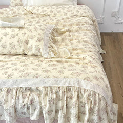 Cyflymder Premium 100% Gauze Cotton Farmhouse Floral Large Ruffles Bedding Set Soft Crepe Duvet Cover Bed Sheet/Fitted Sheet Pillowcases