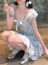 Cyflymder Artistic Short Skirt Dress Women's Summer Dopaamine First Love Pure Blue Floral Puffy Cake Dress Milk Breathiness