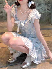 Cyflymder Artistic Short Skirt Dress Women's Summer Dopaamine First Love Pure Blue Floral Puffy Cake Dress Milk Breathiness