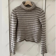 Cyflymder Women Striped Turtleneck Sweater,Long Sleeve Cropped Knit Pullover,Ribbed Hem Slim‑Fit Casual Knitwear for Autumn Winter