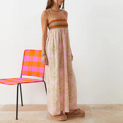 Cyflymder Women Vintage Boho Graffiti Cami Long Dress Spaghetti Strap Square Neck A Line Flowy Sundress Beach Maxi Dress