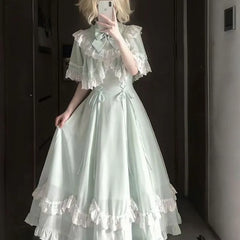 Cyflymder Pink Japanese Sweet Elegant Lolita Long Dress Women Kawaii Bow Stand Collar Slim Bandage Lace Dresses Retro Evening Party Dress