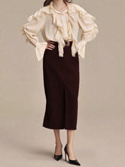 Cyflymder Women s Long Sleeve Blouse with Delicate Lace Detailing and Ruffled Button Front - Stylish Solid Color Top for Work or Weekend