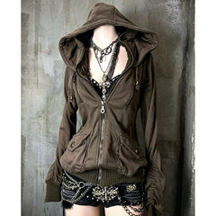 Cyflymder Y2K Vintage Women's Brown Zipper Hooded Punk Jacket Zipper High Street Drawstring Hat Harajuku Long Sleeved Street Hip-Hop