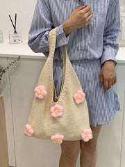 Cyflymder Knitted Yarn Bags for Women New Large Capacity Summer Beach Vacation Flower Underarm Tote Bag