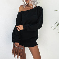 Cyflymder Slouchy Knitted Dress Spring Autumn Slant One Shoulder Long Sleeve Sweater Dress Women Pullover Solid Oversize Casual Dress