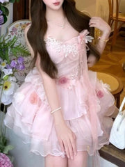 Cyflymder New Pink Fairy Lace Fluffy Mini Dress Girl Summer Sweet Floral Mesh Ruffle Dresses Aesthetic Party Sleeveless Slim Clothing