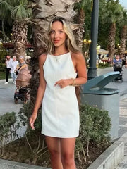 Cyflymder White Summer Short Dress Women's Casual Short Halter Collar Mini Sleeveless Party Dress Femme Retro Autumn Knitted Dress