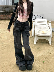 Cyflymder High Street Retro Black and Gray Jeans Women's Pants Autumn Loose Wide-leg Pants Straight Flared Trousers Y2k Sweet Punk Pant