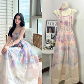 Cyflymder Summer Floral Printing Spaghetti Strap Long Women Party Dress Lace-up Chic European Bohemian Vintage Holiday Beach Dress