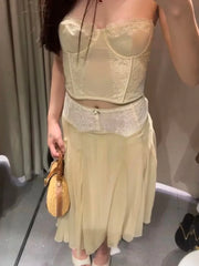 Cyflymder Solid Lace Patchwork Pleated Mini Skirt Female Mid-waist Mesh Double-layer Puffy Skirt Y2k Lady Summer Daily Casual Bottoms New