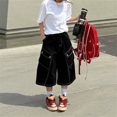 Cyflymder Summer Women's Big Pocket Wide Leg Cropped Black Pants Cool Girl Calf-length Trousers Female High Waist Loose Retro Capris Pant