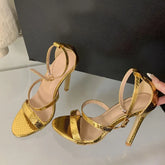 Cyflymder Gold Snake Print Leather Ankle Strap Sandals Women Summer Fashion Open Toe Gladiator High Heels Party Dress Shoes Size 42