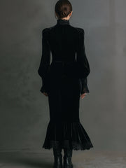 Cyflymder Velvet Lace Patchwork Dress for Women's Gothic Punk Puff Sleeve Lace Trim Cut Out Dress Party Vintage Autumn Long Sleeve Dress
