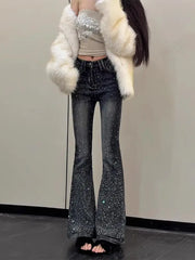 Cyflymder Hot Girl Jeans Women's Retro Fashion Baby's Breath Diamond Micro-flared Trousers