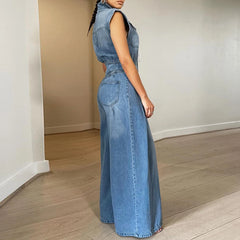Cyflymder Women Denim Straight Jumpsuit Single-Breasted Lapel Sleeveless Washed Vintage Chic Female High Street Jeans Jumpsuit