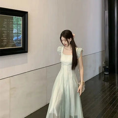 Cyflymder Dresses Women Gradient Flying Sleeve Ruffles Bandage French Style Sweet Elegant Summer Fashion Dress Party Female