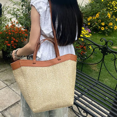 Cyflymder Summer Large Capacity Tote Bag Women Shoulder Bag Handmade Woven Bag Fresh Rural Handheld Grass Woven Women Bag
