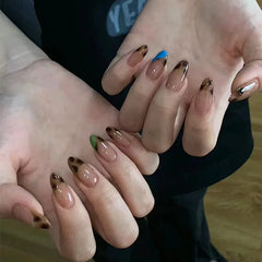 Cyflymder 24Pcs Long Almond Fake Nails Press on Leopard Print French Full Cover Nails Tips with Jelly Glue Detachable Finished False Nails