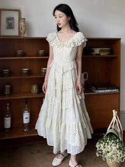 Cyflymder Vintage Layer Ruffles Dot Printed Maxi Dress Runway 2023 Summer Women Cake Party Dress Korean Street Holiday Beach Vestidos