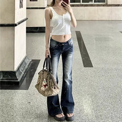Cyflymder Women Fashion Washed Denim Flares Pants Korean Style Low-Waist Slimming Wide Leg Jeans Female Streetwear Sexy Slim Y2K Trousers