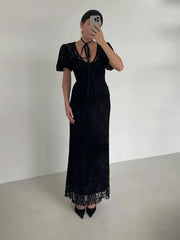 Cyflymder Fashion Lace Hollow Out Long Dress Women's V-Neck High Waist Sexy See-Through Printed Summer Dress Female Bodycon Dress