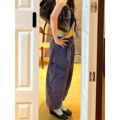 Cyflymder American Retro Plus Size Washed Wide Leg Denim Pants Women Multi Pocket Belted Design Cropped Pants Chic Streetwear Daily Casual