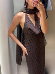 Cyflymder Womens Fashion Polka Dot Halter With Scarf Long Dress New Brown Backless Midi Dresses Elegant Sexy Bodycon Evening Dress