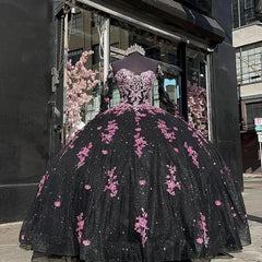 Cyflymder Black gothic Quinceanera Dresses Pink Lace Applique Long Sleeves Beaded Sweetheart lace-up corset Sweet 15 16 Princess vestidos