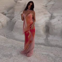 Cyflymder Adorable Gradient Print Sling Maxi Dress – V Neck Backless Spaghetti Strap, Perfect for Party Evening Vacation Women שמלות traf