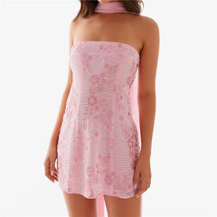 Cyflymder Women Sequin Strapless Mini Dress with Scarf Y2K Rhinestone Sleeveless Off Shoulder Dress Sexy Backless Club Party Dress