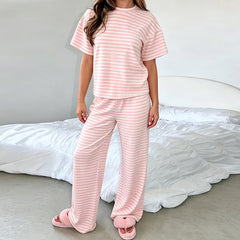 Cyflymder Women Striped 2 Piece Loungewear Set Crew Neck Short Sleeve Crop Top Wide Leg Pants Girl Summer Pajama Casual Outfit